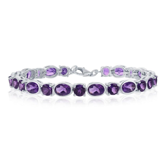 Sterling Silver, Alternating 5mm Round & 7x5mm Oval Gem Bracelet, 13.54cttw Amethyst (BR2291)