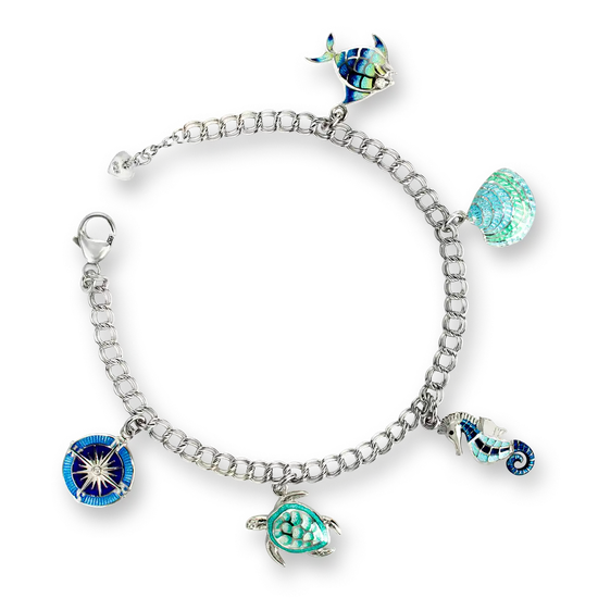 Multi-Colored Nautical Charm Bracelet. Sterling Silver-White Sapphires
